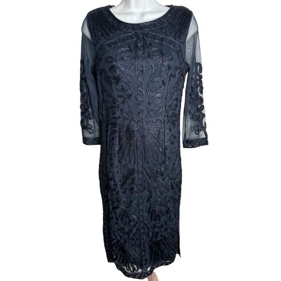 JS Collections NWT Women's Embroidered Midi Sheath Dress Size 2 Navy 3/4 Sleeves - Picture 2 of 10